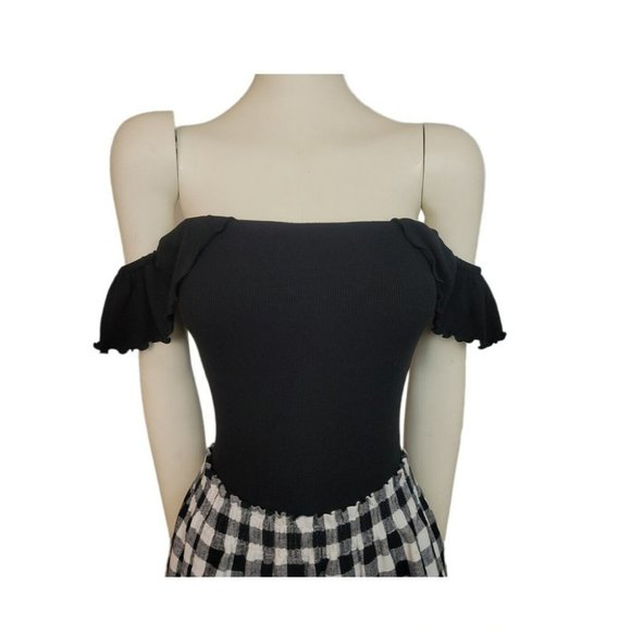 Aritzia Wilfred Black Maeva Bodysuit Ruffled Top Blouse Fine Ribbed Thong Cut M - Picture 6 of 8